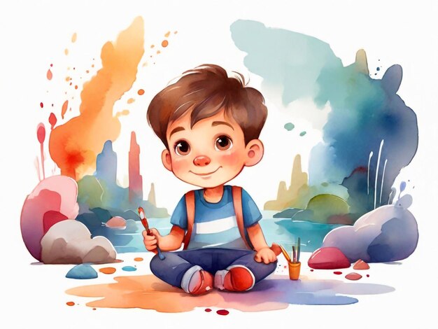 Cartoon jongen schilderen aquarel illustratie