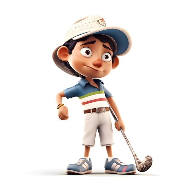 Cartoon jongen speelt golf geïsoleerd op witte achtergrond met clipping pad