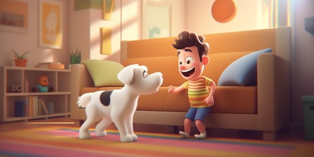 Cartoon jongen speelt met een hond in een woonkamer generatieve ai