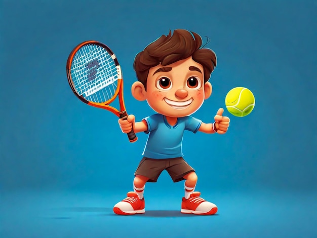 Cartoon jongen speelt tennis geïsoleerd op blauwe achtergrond vector illustratie