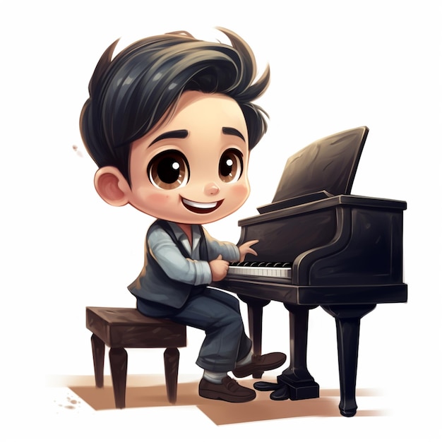 cartoon jongen zit aan een piano en speelt de piano generatieve ai