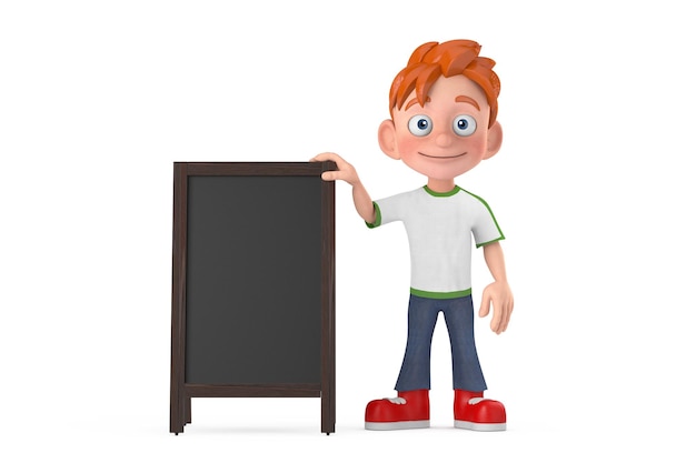 Cartoon jongetje tiener persoon karakter mascotte met lege houten menu schoolborden buiten display 3D-rendering