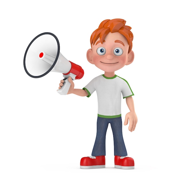 Cartoon jongetje tiener persoon karakter mascotte met rode retro megafoon 3D-rendering