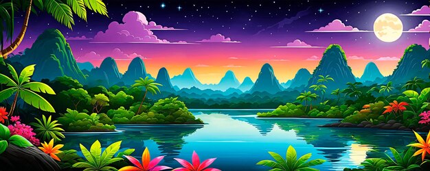 Мультяшные джунгли с озером ночью