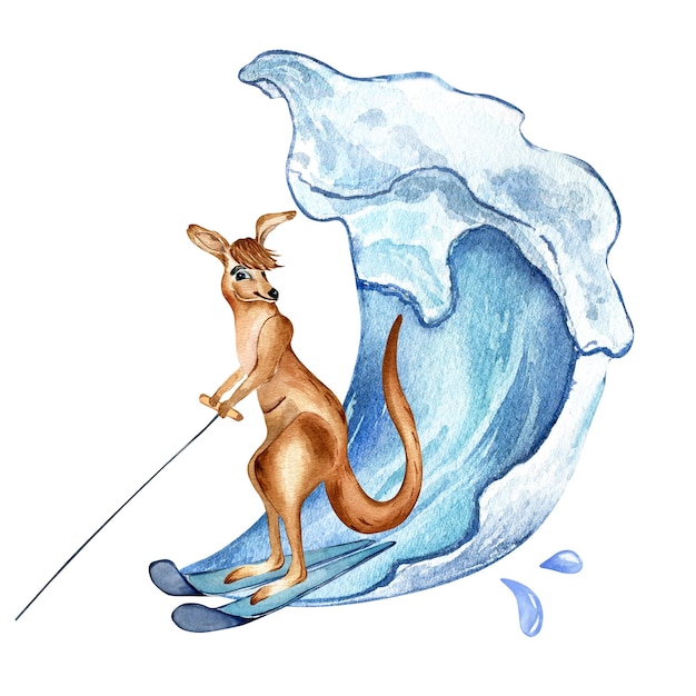 Cartoon kangaroo has water skiing watercolor illustration isolated on white