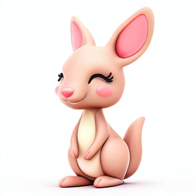 A cartoon kangaroo with a pink nose and eyes is sitting on a white background.