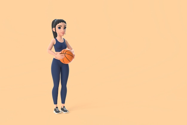 Cartoon karakter vrouw in sportkleding met basketbal bal op beige achtergrond 3D render