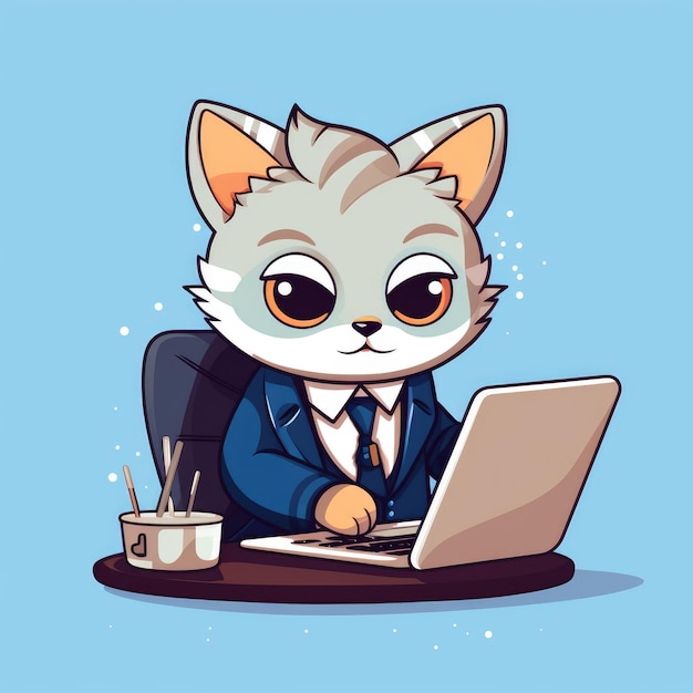 Cartoon kat draagt een pak en werkt achter een computer AI gegenereerde afbeelding