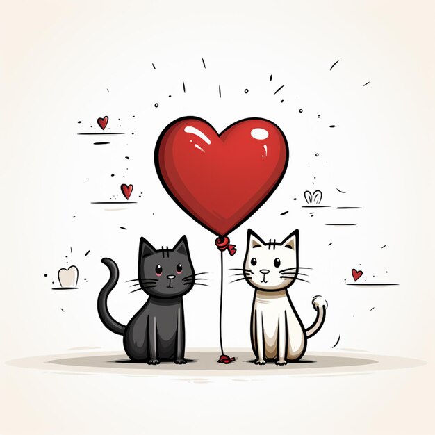 cartoon kat en kat met hart ballon in de vorm van een hart generatieve ai