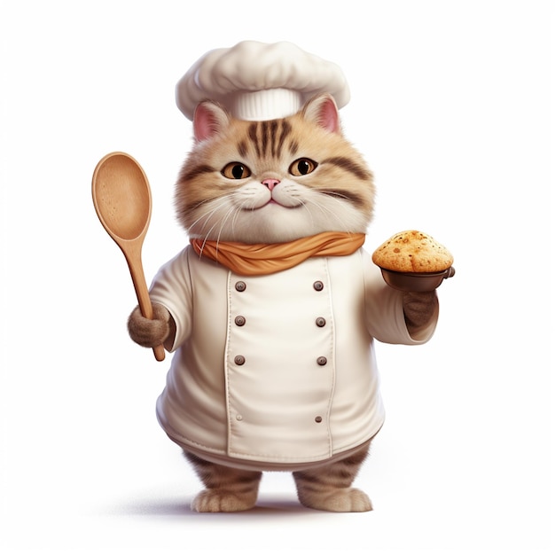 Cartoon kat in chef uniform met een houten lepel en een muffin generatieve ai