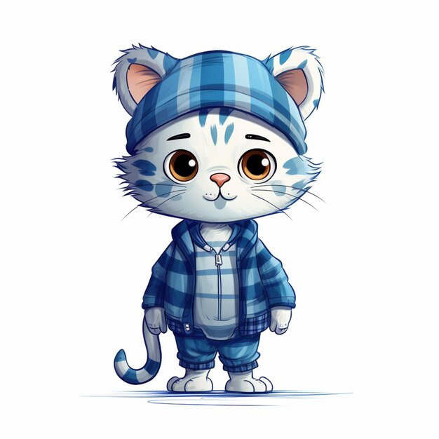 cartoon kat in een blauw-wit outfit en hoed generatieve ai