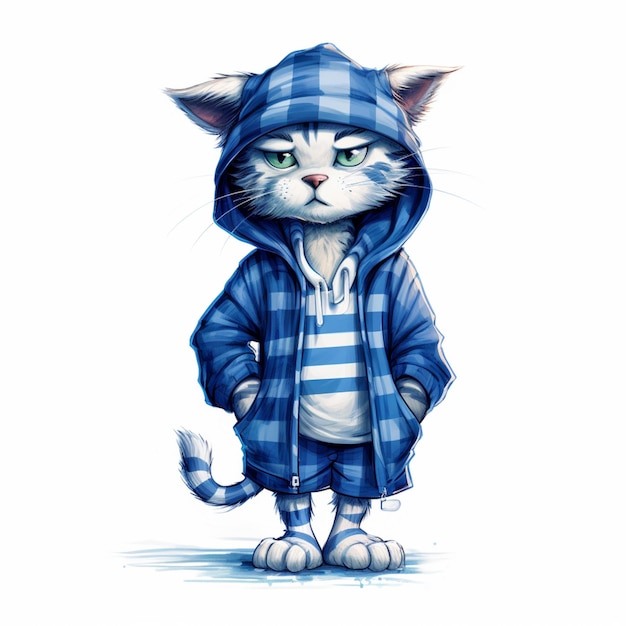 cartoon kat in een blauwe jas en broek met een hoodie generatieve ai