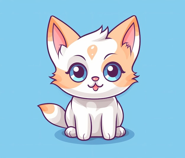 Cartoon kat met blauwe ogen zittend op een blauwe achtergrond.