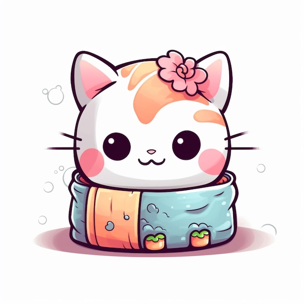 cartoon kat met een bloem in zijn haar zit op een deken generatieve ai