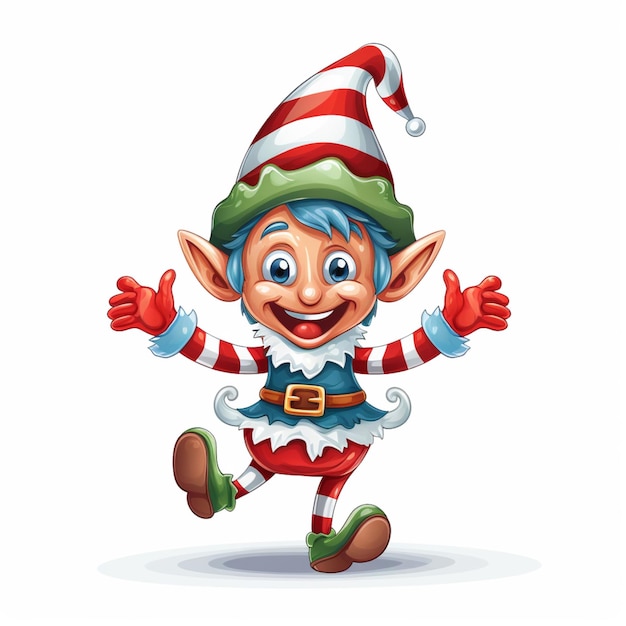 cartoon kerstelf met rood-wit gestreepte outfit en groene hoed generatieve ai