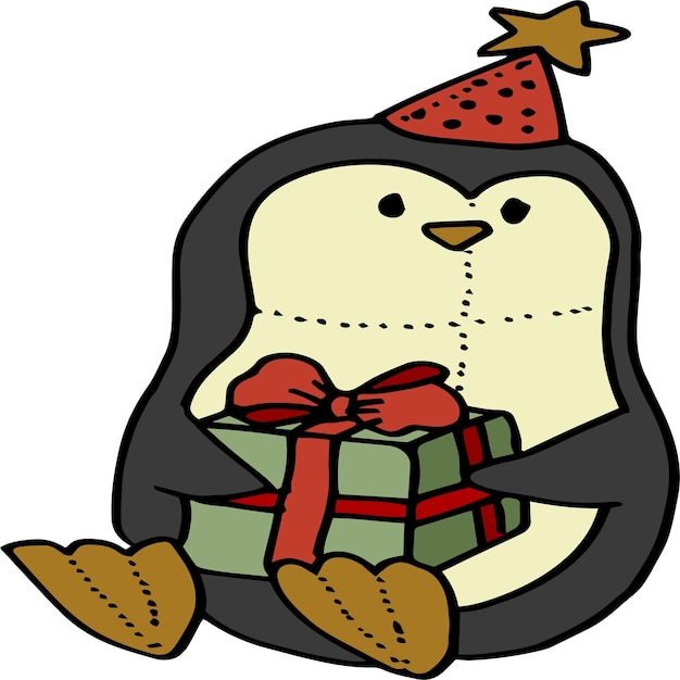 Foto cartoon kerstpinguïn met een cadeau