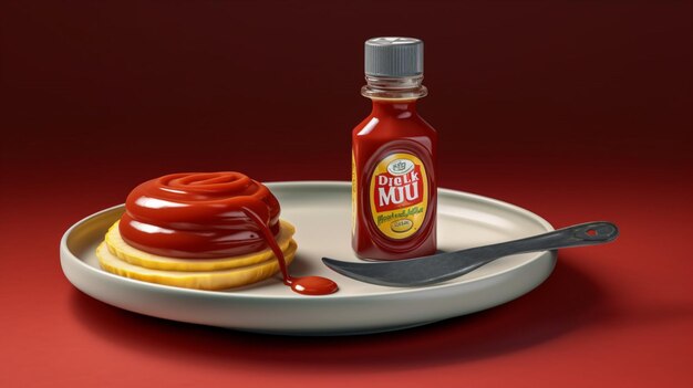 A cartoon of ketchup next to a stack of pancakes