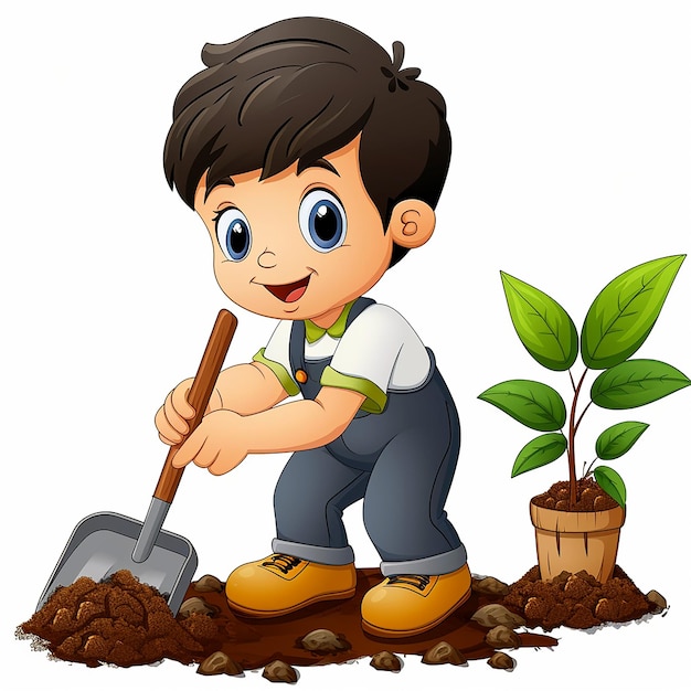 Foto ragazzo cartone animato giardiniere con una pala