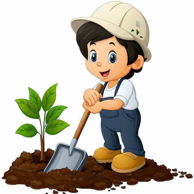 Cartoon kid boy gardener with a shovel