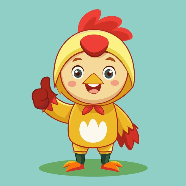Photo cartoon kid in a chicken costume giving thumbs up