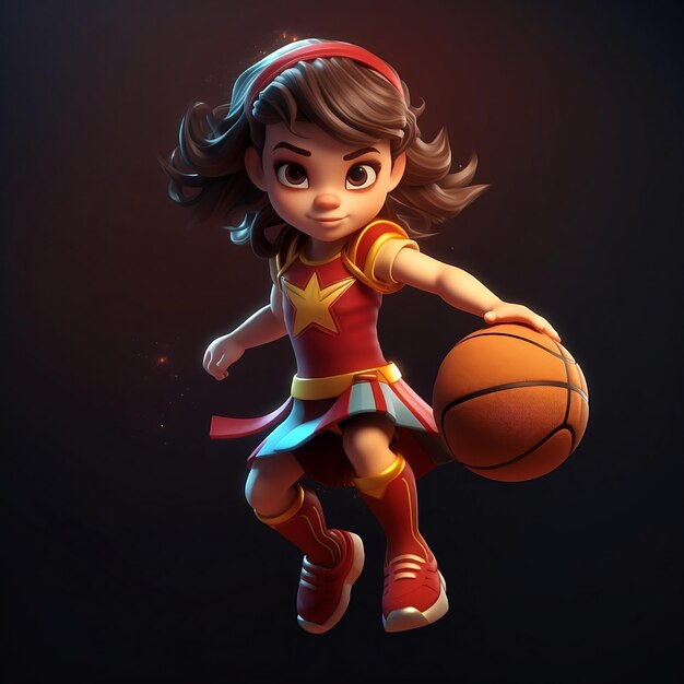 Cartoon of kid Supergirl playing basketball