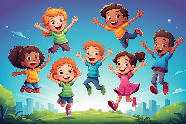 Photo cartoon kids jumping vector clip art illustration with simple gradients each on a separate layer