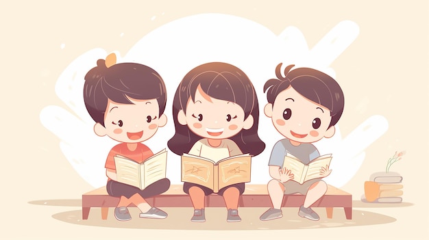 a cartoon of kids reading books with their faces drawn by a cartoon character