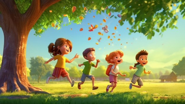 Premium AI Image | A cartoon of kids running in a park with leaves ...