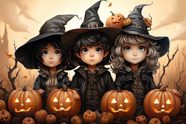 Cartoon kinderen in kostuums Trick or Treating met jack o lantaarn op Halloween-avond