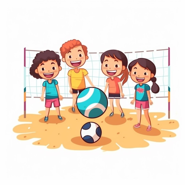 Cartoon kinderen spelen volleybal op het strand met een bal generatieve ai