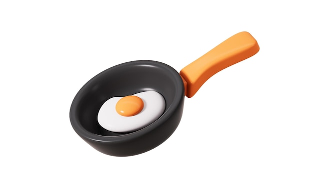 Мультяшная кухонная сковорода и яйцо-пашот на белом фоне 3D-рендеринг Цифровой рисунок