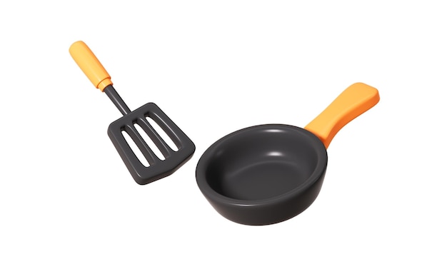 Cartoon kitchen pan and spatula in the white background 3d rendering Digital drawing