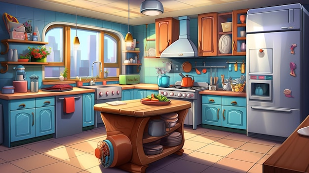 A cartoon kitchen with a blue stove and a red towel hanging on the wall.