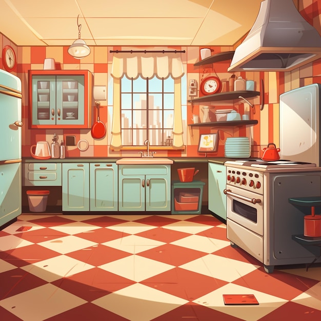 市松模様の床とコンロと冷蔵庫を備えた漫画のキッチン生成 AI