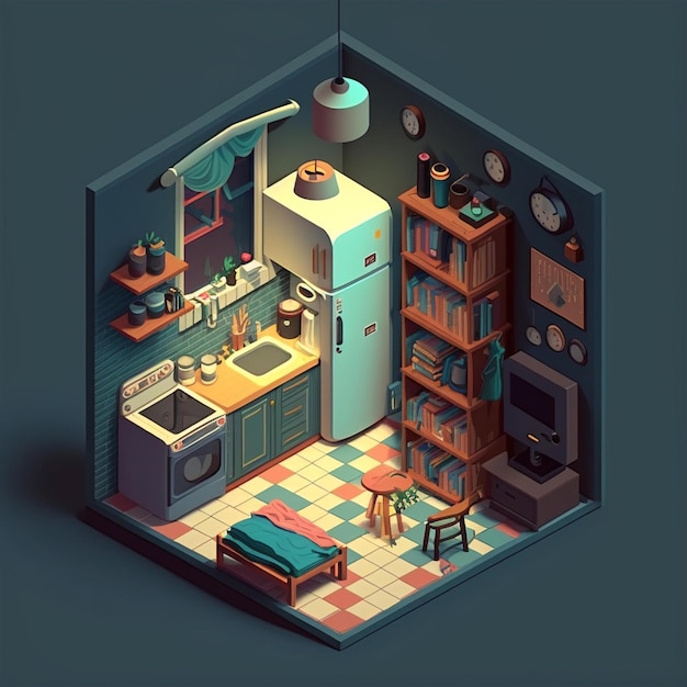 A cartoon of a kitchen with a fridge and a table with a cat on it.