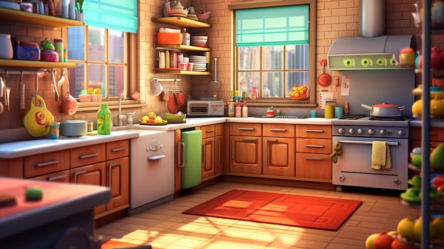 A cartoon kitchen with a red rug and a green dish towel on the counter