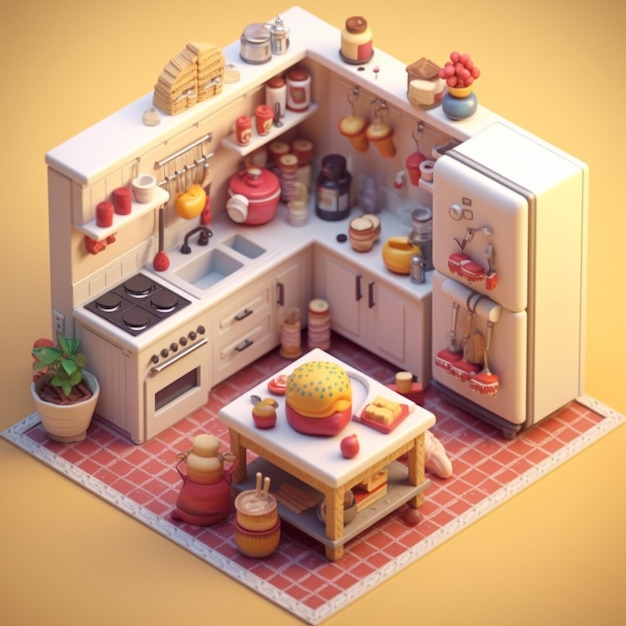 A cartoon kitchen with a sign that says " tea " on the top.