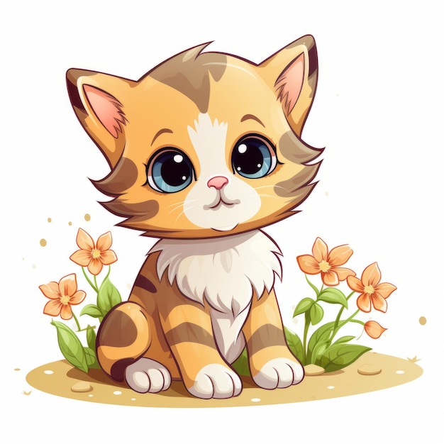 A cartoon kitten sitting on the ground surrounded by flowers