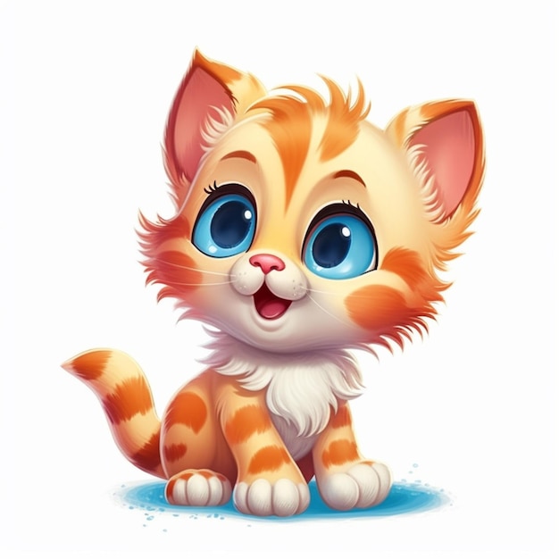 Cartoon kitten with blue eyes sitting on the ground generative ai