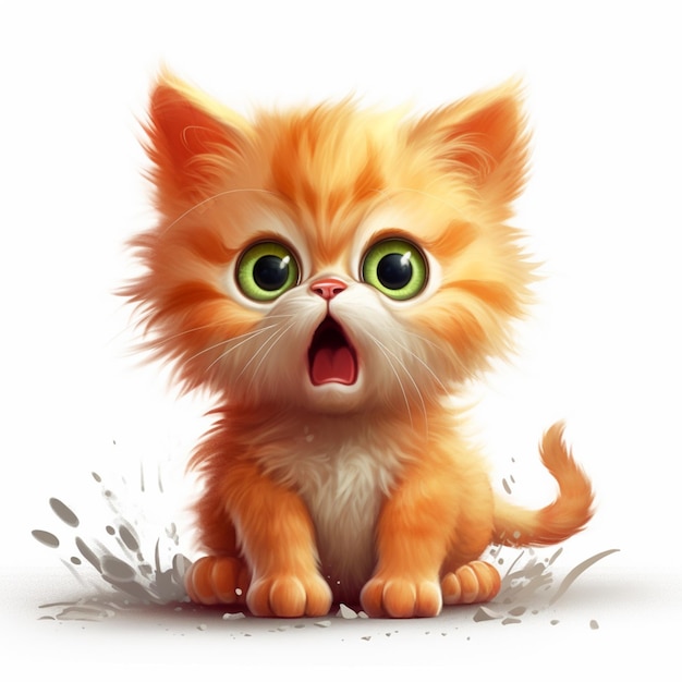 cartoon kitten with green eyes sitting on the ground with its mouth open generative ai