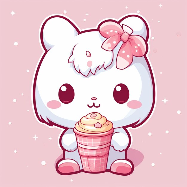 Photo cartoon kitty with cupcake and bow sitting on pink background generative ai