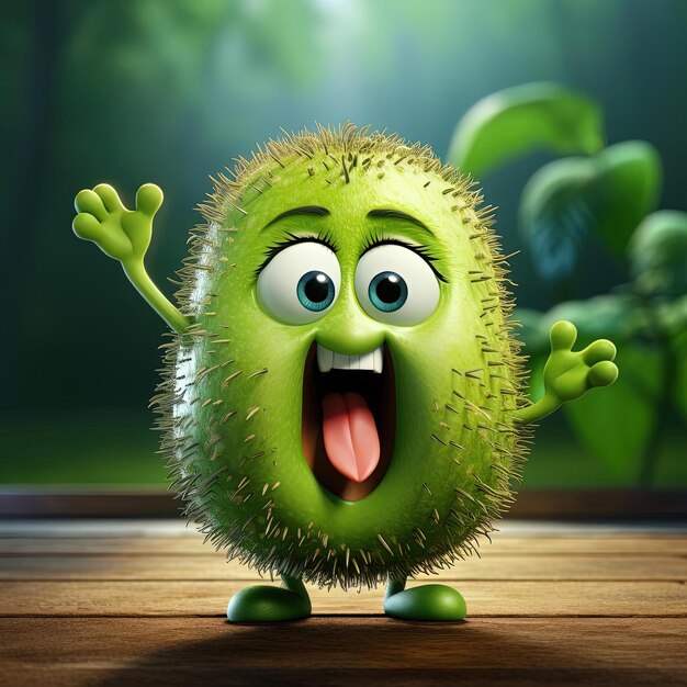 Foto un frutto di kiwi a cartone animato in piedi con le mani in aria nello stile di mike campau