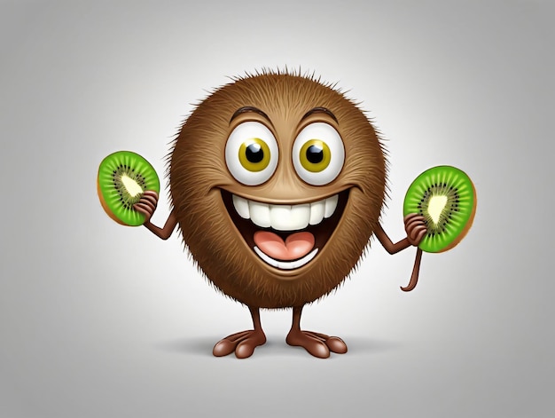 A Cartoon Kiwi Holding Two Kiwis And Smiling