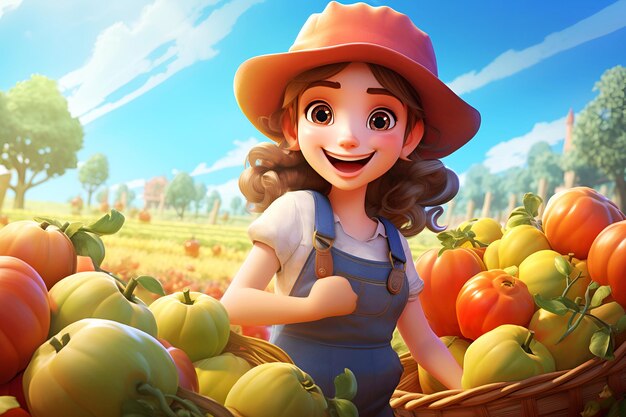 Foto cartoon klein meisje boer in een hoed op een veld in een rijke oogst van fruit en groenten