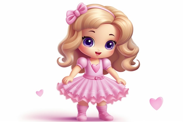 cartoon klein meisje in roze jurk met hartjes op witte achtergrond