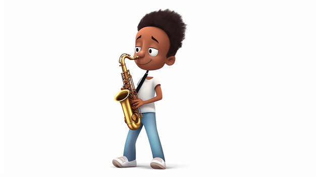 Cartoon kleine jongen die saxofoon speelt op witte achtergrond