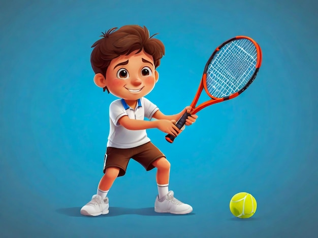 Cartoon kleine jongen die tennis speelt geïsoleerd op blauwe achtergrond