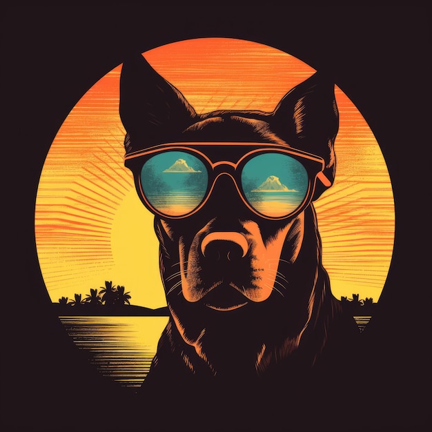 Cartoon kleurrijke hond met zonnebril op retro achtergrond
