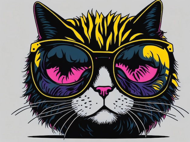 Cartoon kleurrijke kat met zonnebril op witte achtergrond