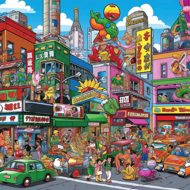 Cartoon kleurrijke tekening van de stadsstraat met veel auto's en mensen
